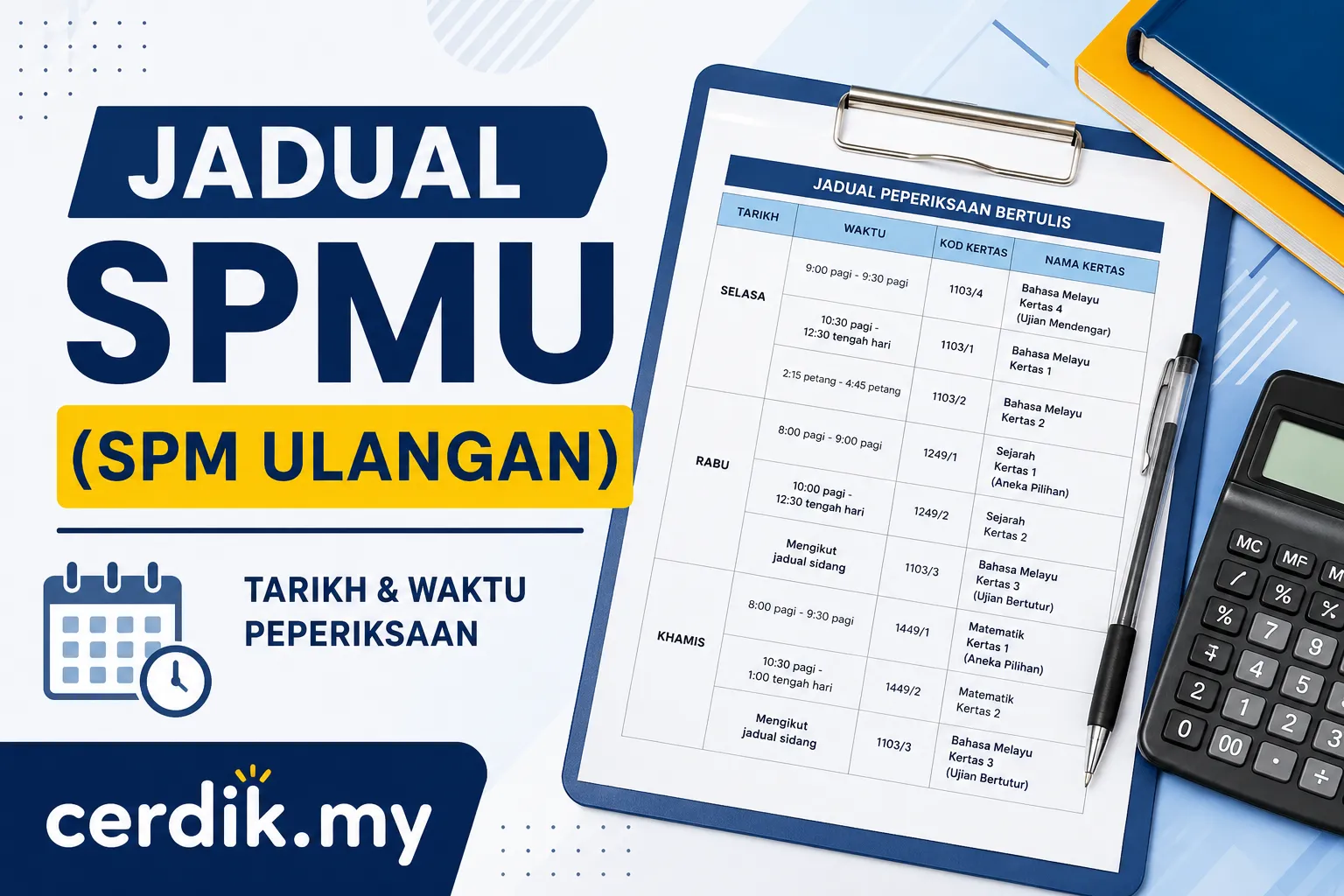 Semak jadual SPMU 2026 terkini melibatkan Bahasa Melayu, Sejarah dan Matematik. Ketahui tarikh peperiksaan, waktu ujian bertulis serta jadual ujian bertutur.