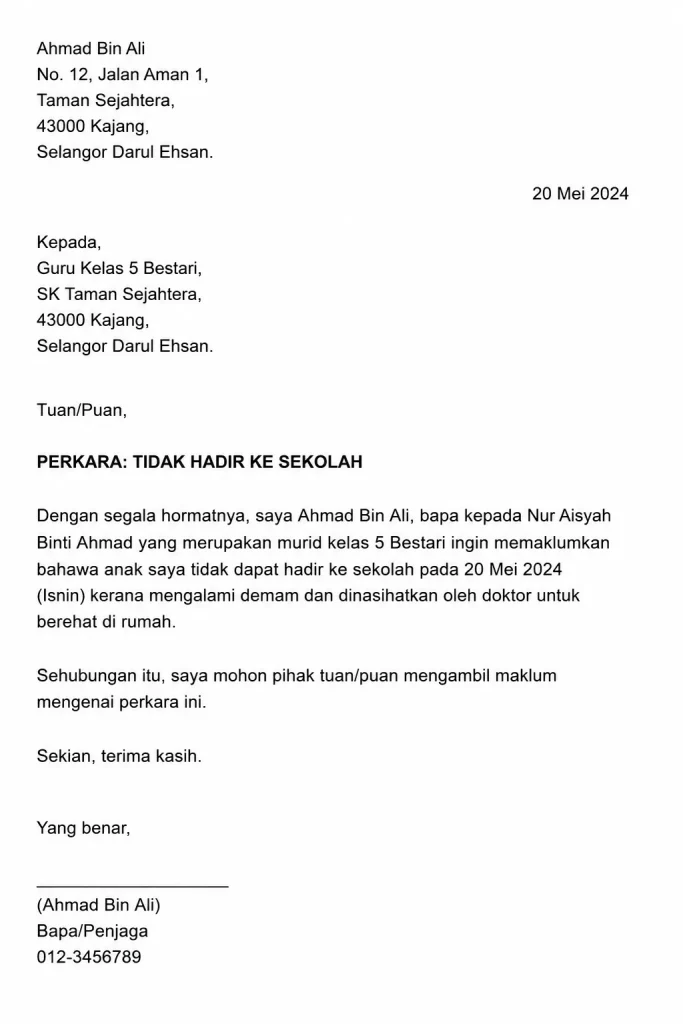 surat tidak hadir ke sekolah.