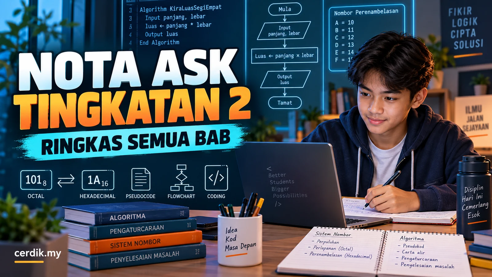 Koleksi nota ASK Tingkatan 2 mengikut bab: sistem nombor perlapanan, perenambelasan, algoritma, persekitaran dan struktur kod arahan.