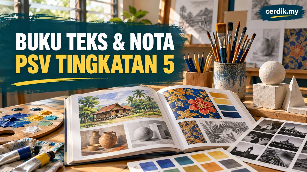 Buku Teks dan Nota PSV Tingkatan 5 pada latar meja seni dengan berus lukisan, corak batik dan teks cerdik.my