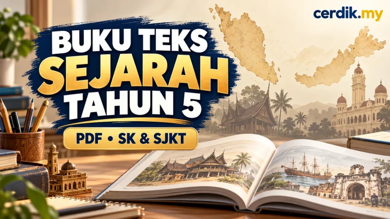 Buku Teks Sejarah Tahun 5 PDF untuk SK dan SJKT dengan latar peta Malaysia dan buku terbuka