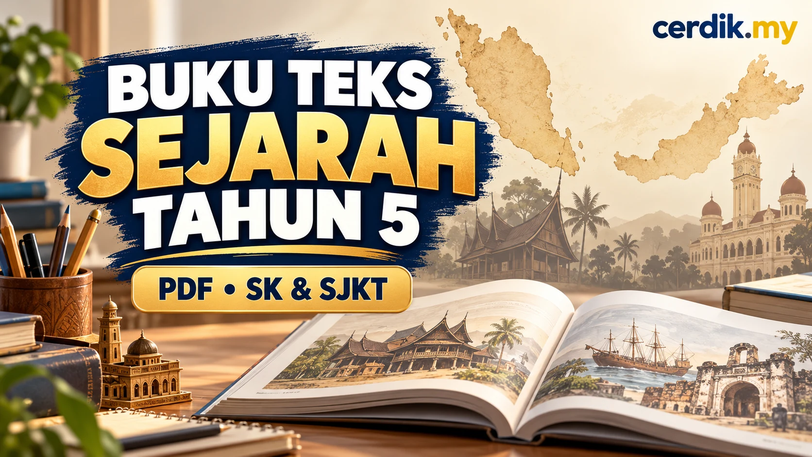 Buku Teks Sejarah Tahun 5 PDF untuk SK dan SJKT dengan latar peta Malaysia dan buku terbuka