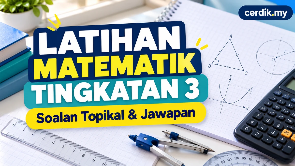Latihan Matematik Tingkatan 3 soalan topikal dan jawapan, latar meja belajar matematik dengan teks cerdik.my di penjuru