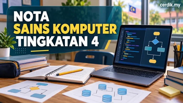 Nota Sains Komputer Tingkatan 4 pada latar meja belajar dengan komputer riba, carta alir dan teks cerdik.my