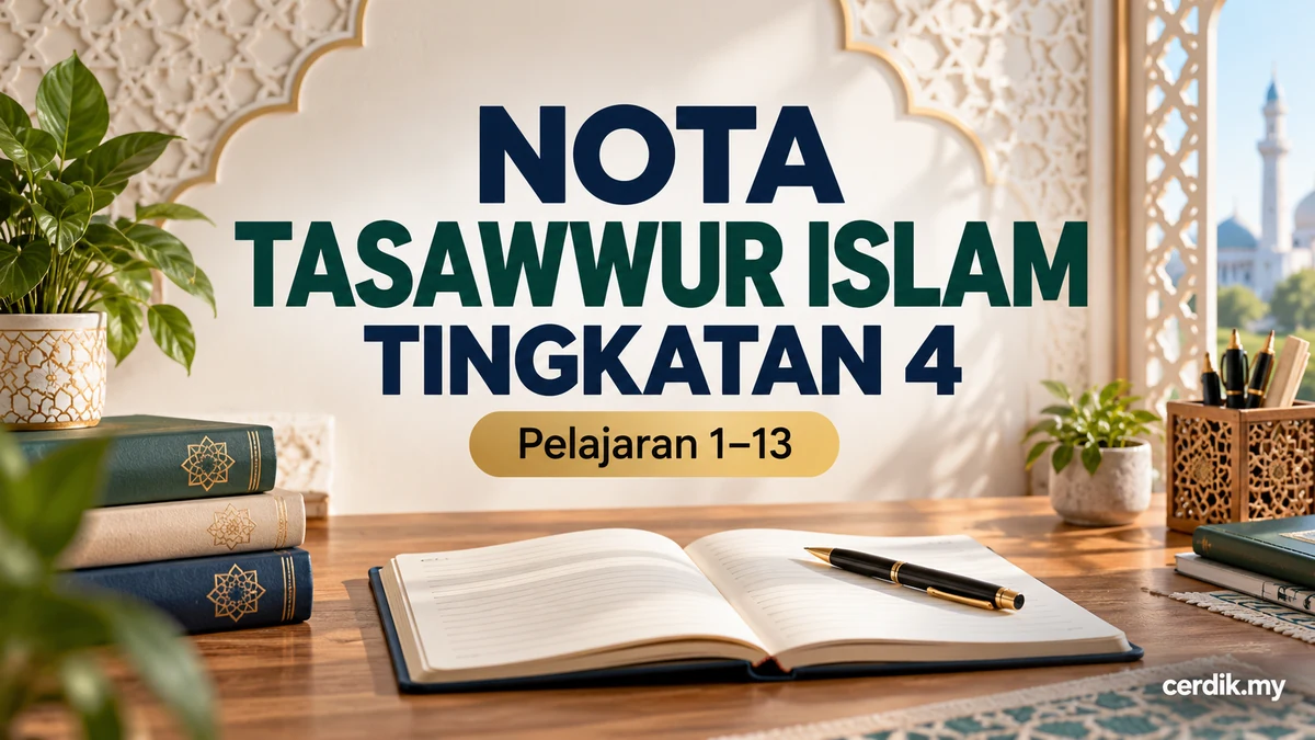 Nota Tasawwur Islam Tingkatan 4 Pelajaran 1 hingga 13 dengan latar meja belajar dan teks cerdik.my