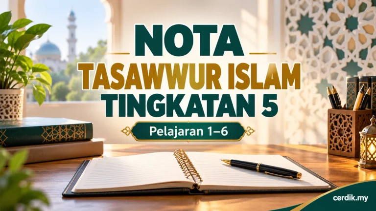 Nota Tasawwur Islam Tingkatan 5 Pelajaran 1 hingga 6 dengan latar meja belajar dan teks cerdik.my