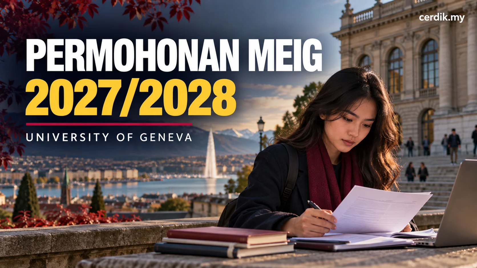 Thumbnail permohonan MEIG University of Geneva 2027/2028 dengan latar Geneva