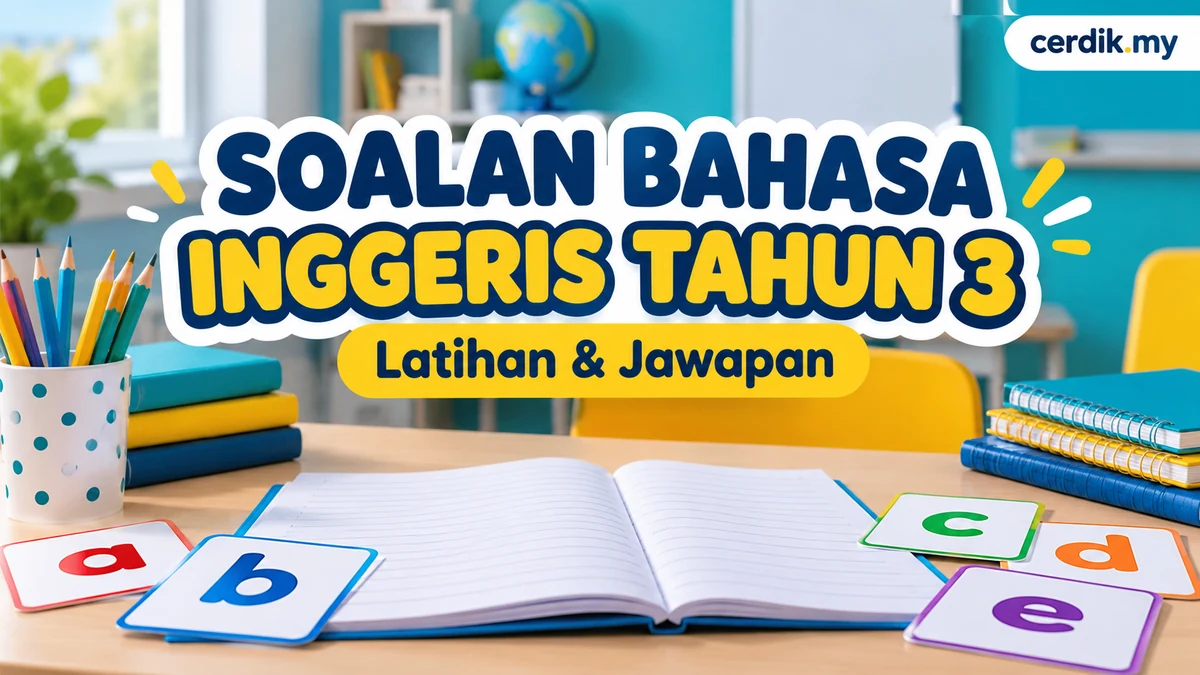 Soalan Bahasa Inggeris Tahun 3, latihan dan jawapan, berlatar meja belajar dengan teks cerdik.my di penjuru