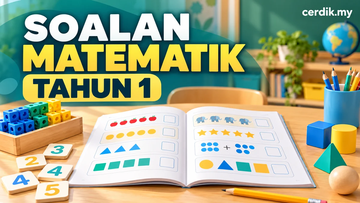 Soalan Matematik Tahun 1 pada latar meja belajar dengan buku latihan, blok membilang dan teks cerdik.my