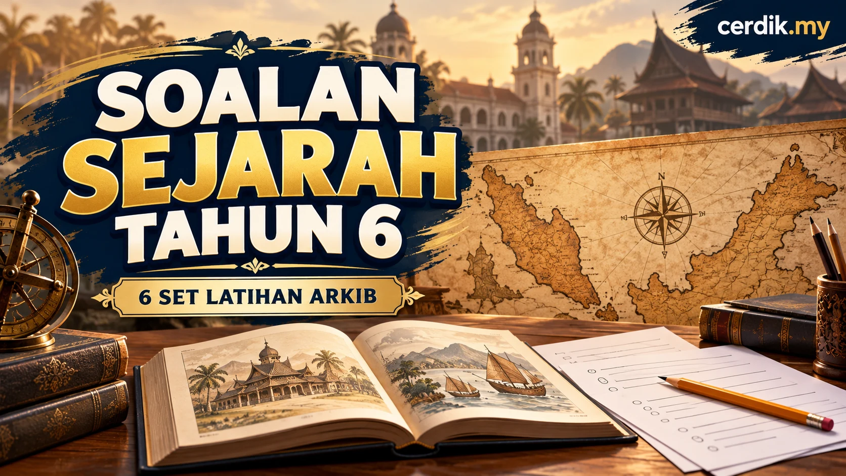 Soalan Sejarah Tahun 6: 6 set latihan arkib dengan latar peta dan buku sejarah